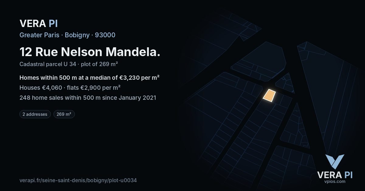 12 Rue Nelson Mandela, Bobigny at night – the plot lit, the parcels around coloured by the prices near them
