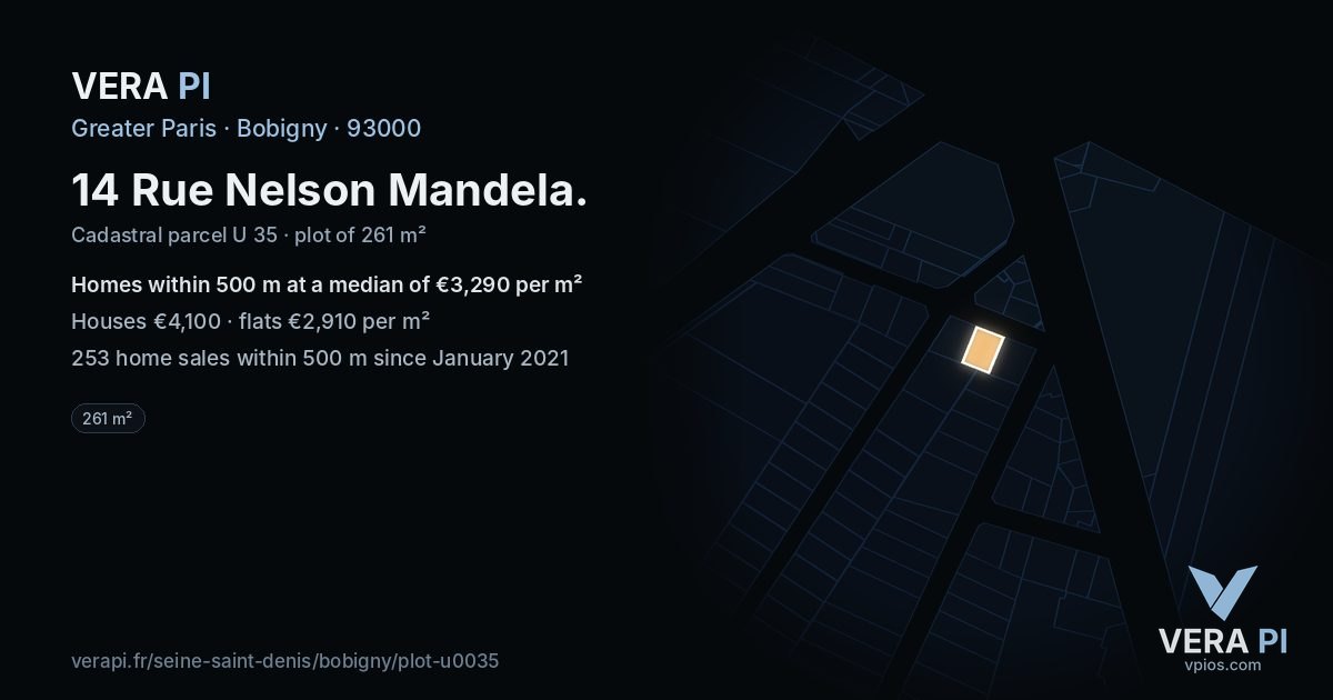 14 Rue Nelson Mandela, Bobigny at night – the plot lit, the parcels around coloured by the prices near them