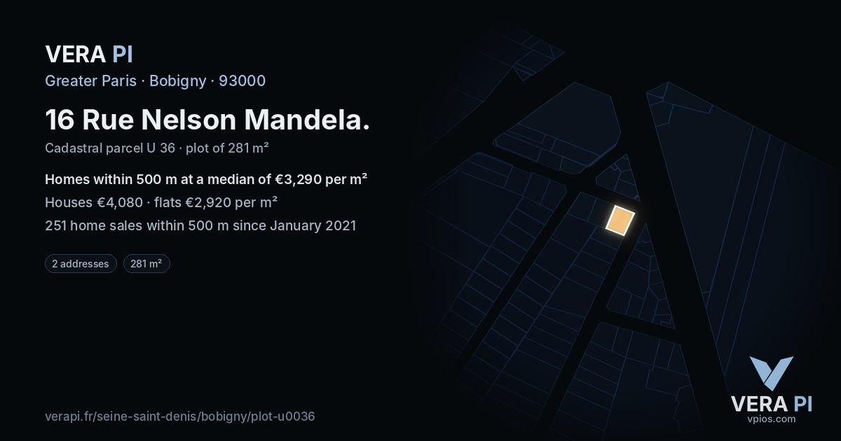 16 Rue Nelson Mandela, Bobigny at night – the plot lit, the parcels around coloured by the prices near them
