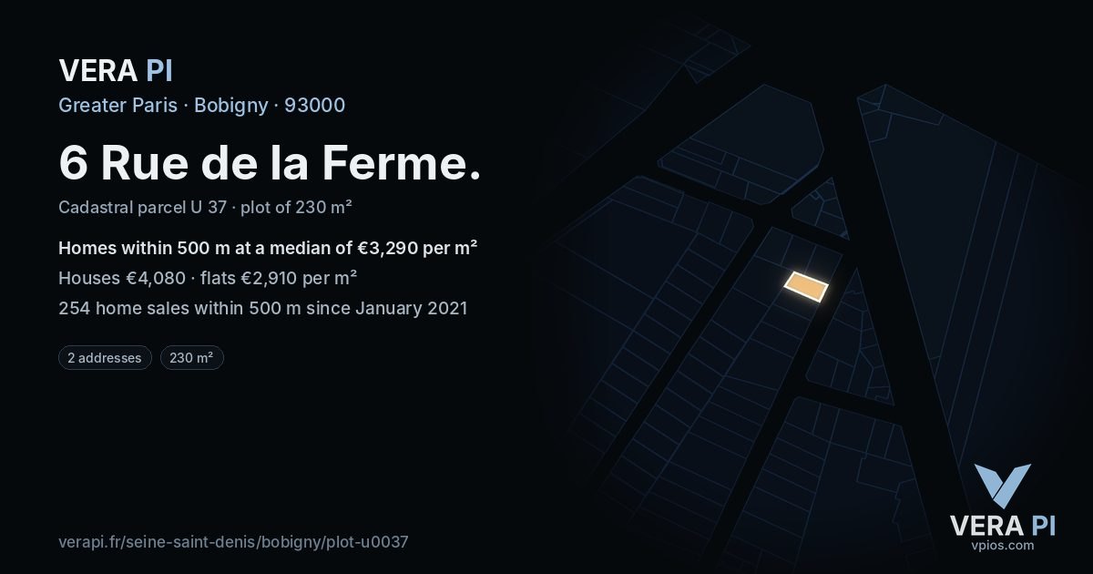 6 Rue de la Ferme, Bobigny at night – the plot lit, the parcels around coloured by the prices near them
