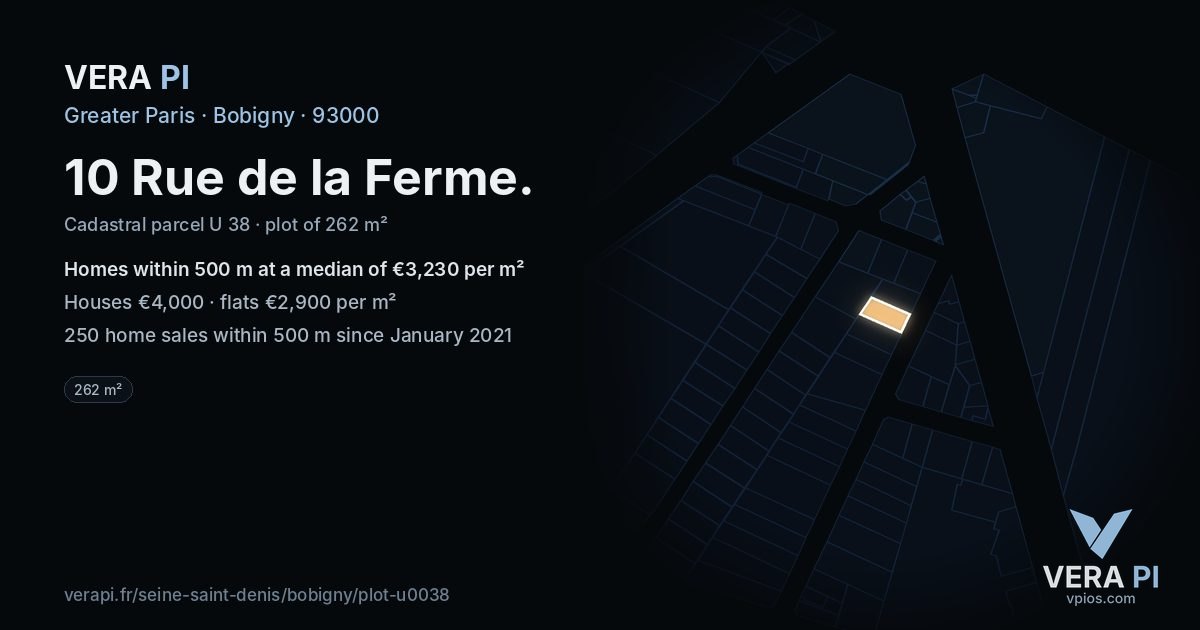 10 Rue de la Ferme, Bobigny at night – the plot lit, the parcels around coloured by the prices near them