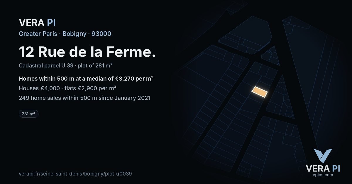 12 Rue de la Ferme, Bobigny at night – the plot lit, the parcels around coloured by the prices near them