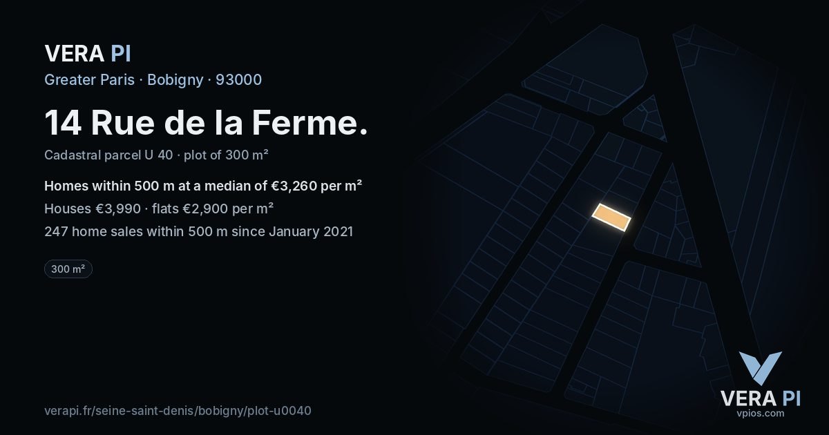 14 Rue de la Ferme, Bobigny at night – the plot lit, the parcels around coloured by the prices near them