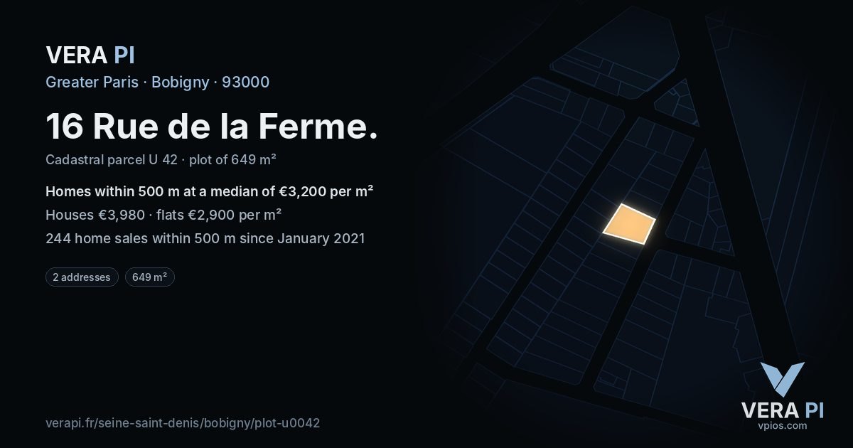 16 Rue de la Ferme, Bobigny at night – the plot lit, the parcels around coloured by the prices near them