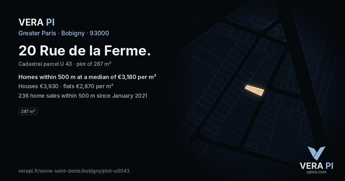 20 Rue de la Ferme, Bobigny at night – the plot lit, the parcels around coloured by the prices near them