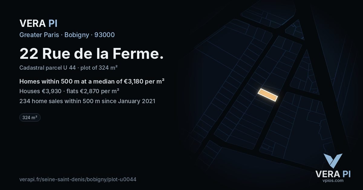 22 Rue de la Ferme, Bobigny at night – the plot lit, the parcels around coloured by the prices near them
