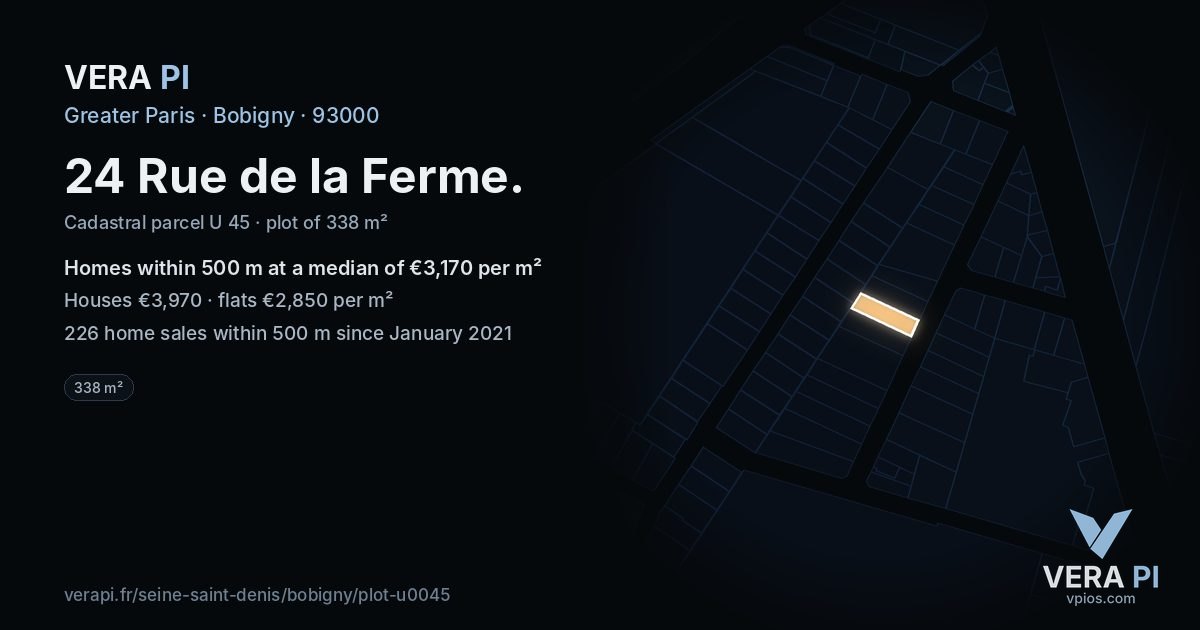 24 Rue de la Ferme, Bobigny at night – the plot lit, the parcels around coloured by the prices near them