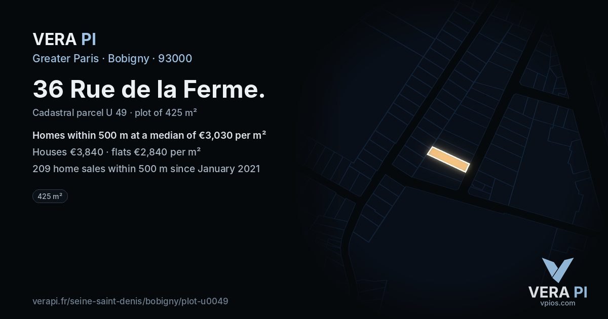 36 Rue de la Ferme, Bobigny at night – the plot lit, the parcels around coloured by the prices near them