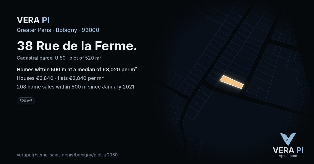 38 Rue de la Ferme, Bobigny at night – the plot lit, the parcels around coloured by the prices near them
