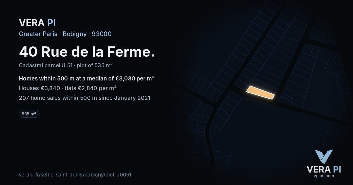 40 Rue de la Ferme, Bobigny at night – the plot lit, the parcels around coloured by the prices near them