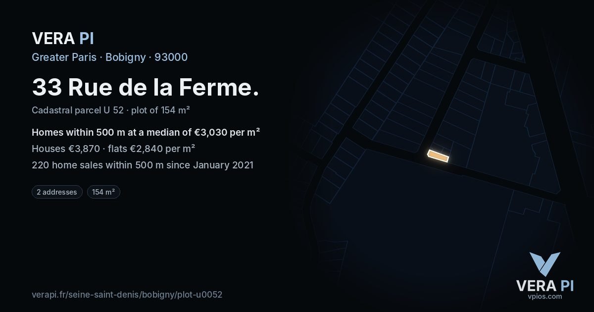 33 Rue de la Ferme, Bobigny at night – the plot lit, the parcels around coloured by the prices near them