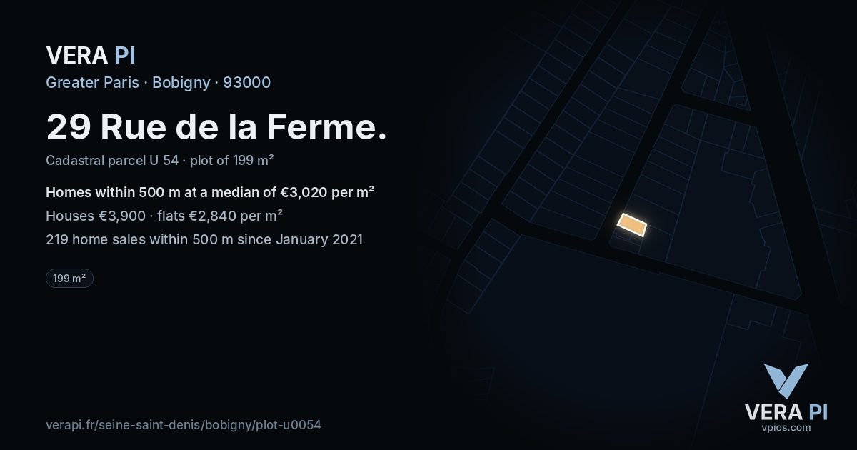 29 Rue de la Ferme, Bobigny at night – the plot lit, the parcels around coloured by the prices near them