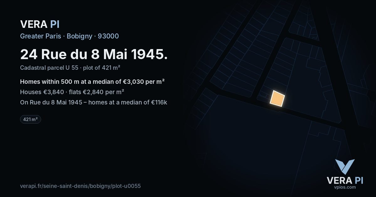 24 Rue du 8 Mai 1945, Bobigny at night – the plot lit, the parcels around coloured by the prices near them