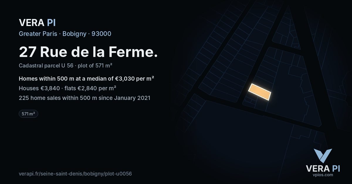 27 Rue de la Ferme, Bobigny at night – the plot lit, the parcels around coloured by the prices near them