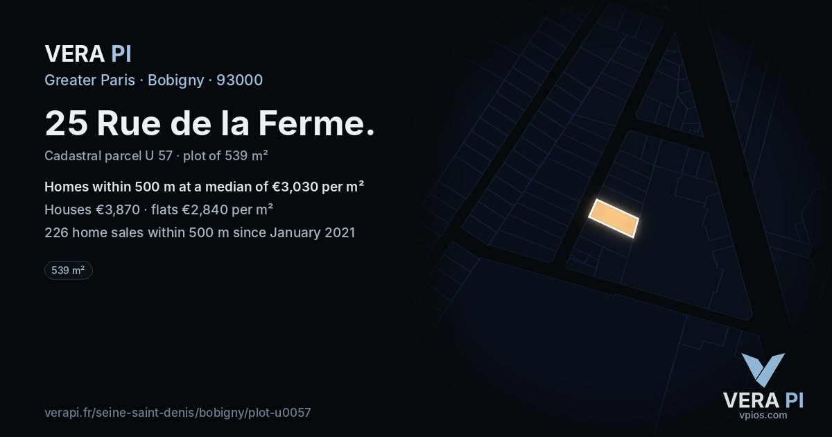 25 Rue de la Ferme, Bobigny at night – the plot lit, the parcels around coloured by the prices near them
