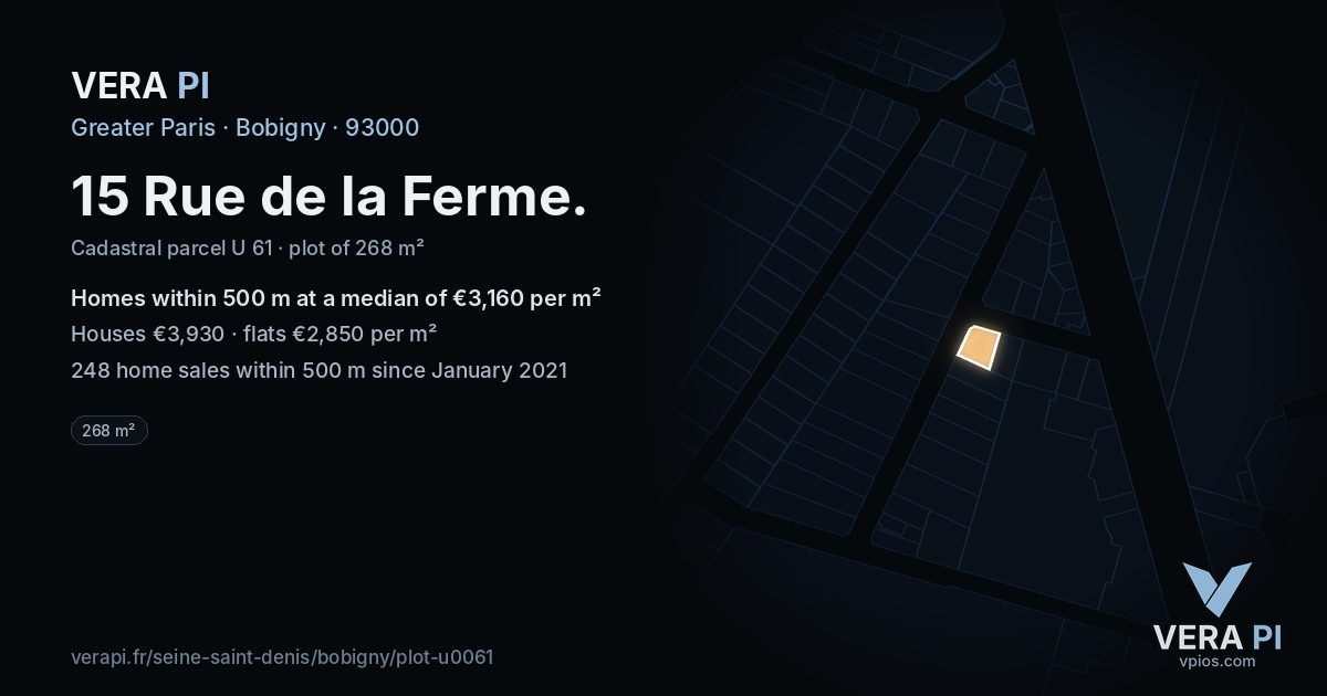 15 Rue de la Ferme, Bobigny at night – the plot lit, the parcels around coloured by the prices near them