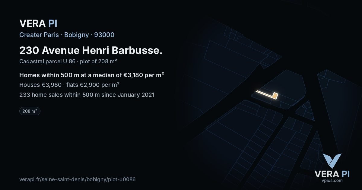 230 Avenue Henri Barbusse, Bobigny at night – the plot lit, the parcels around coloured by the prices near them
