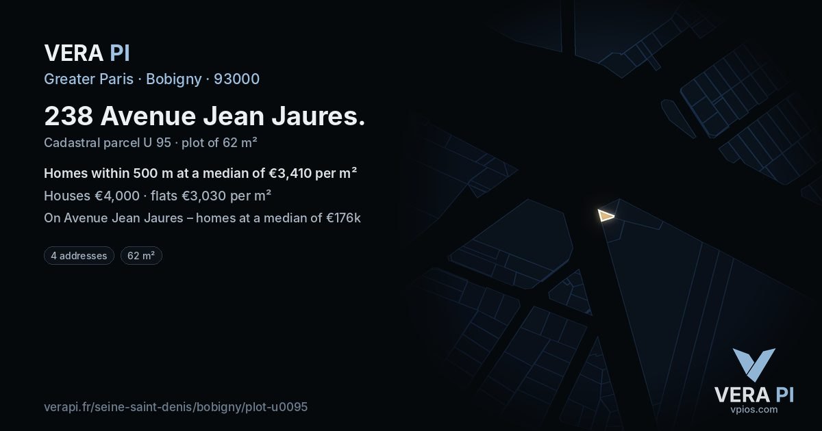 238 Avenue Jean Jaures, Bobigny at night – the plot lit, the parcels around coloured by the prices near them