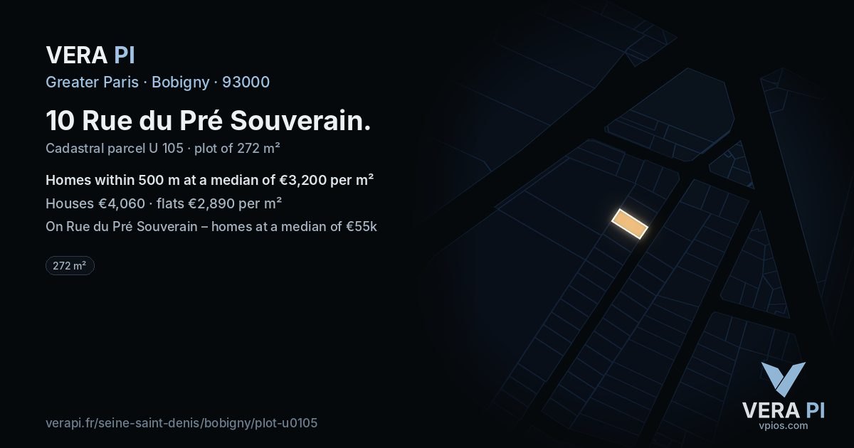 10 Rue du Pré Souverain, Bobigny at night – the plot lit, the parcels around coloured by the prices near them