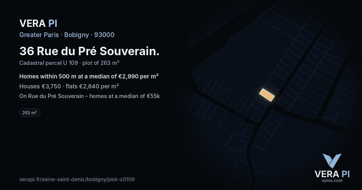 36 Rue du Pré Souverain, Bobigny at night – the plot lit, the parcels around coloured by the prices near them