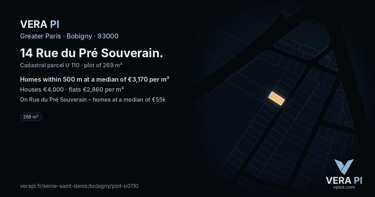 14 Rue du Pré Souverain, Bobigny at night – the plot lit, the parcels around coloured by the prices near them