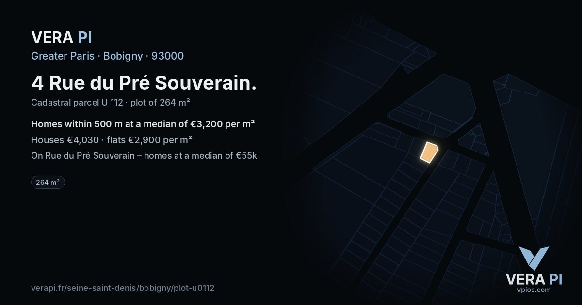 4 Rue du Pré Souverain, Bobigny at night – the plot lit, the parcels around coloured by the prices near them