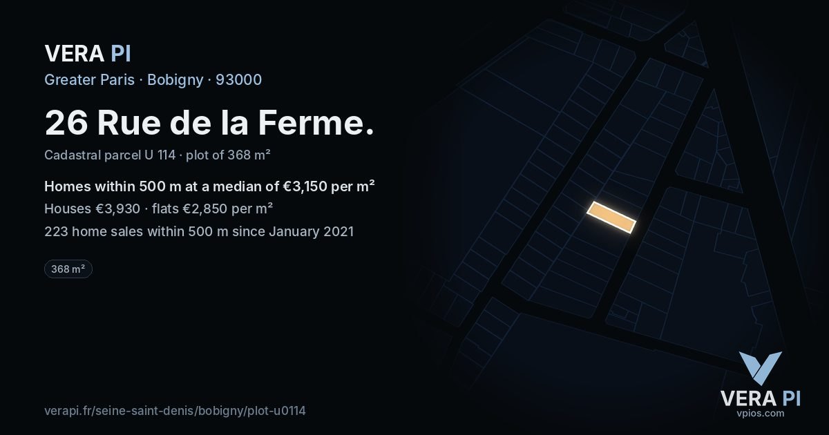 26 Rue de la Ferme, Bobigny at night – the plot lit, the parcels around coloured by the prices near them