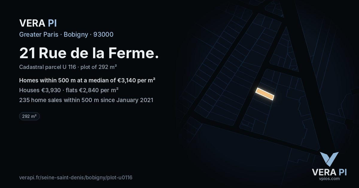 21 Rue de la Ferme, Bobigny at night – the plot lit, the parcels around coloured by the prices near them