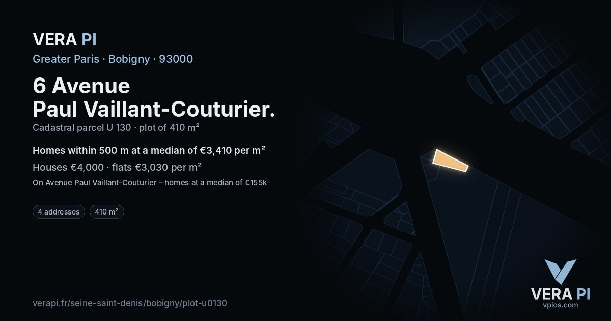 6 Avenue Paul Vaillant-Couturier, Bobigny at night – the plot lit, the parcels around coloured by the prices near them