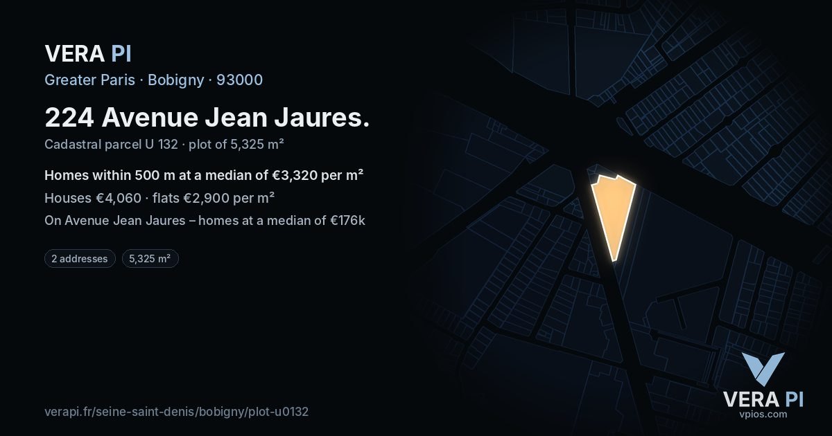 224 Avenue Jean Jaures, Bobigny at night – the plot lit, the parcels around coloured by the prices near them