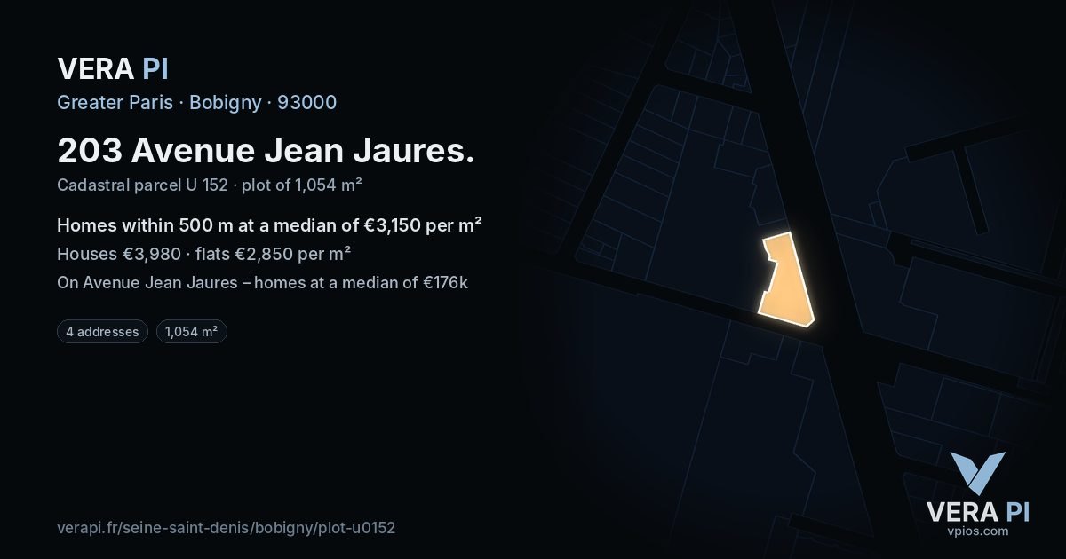 203 Avenue Jean Jaures, Bobigny at night – the plot lit, the parcels around coloured by the prices near them