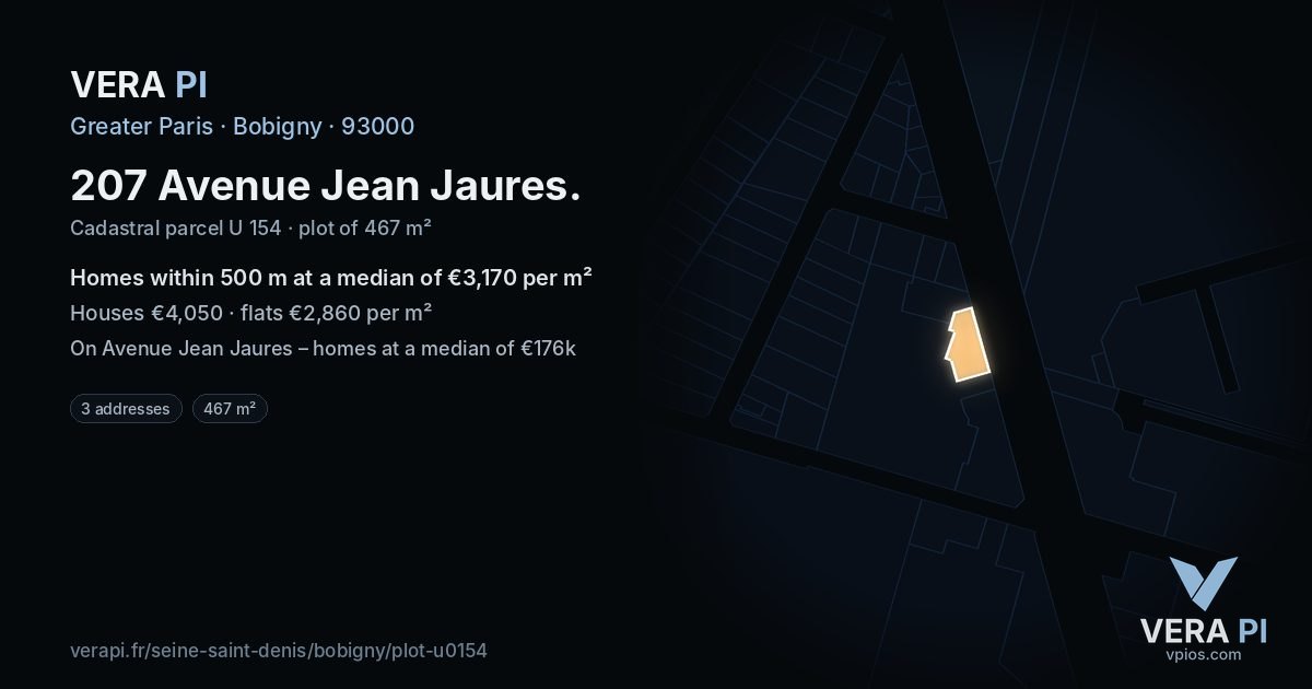 207 Avenue Jean Jaures, Bobigny at night – the plot lit, the parcels around coloured by the prices near them