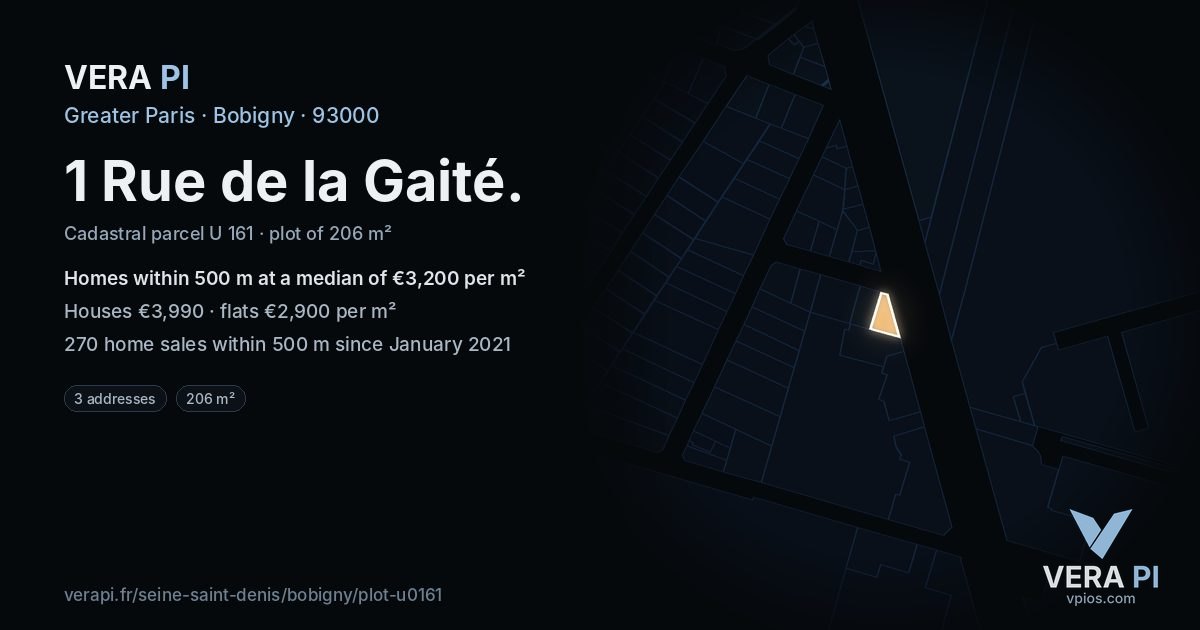 1 Rue de la Gaité, Bobigny at night – the plot lit, the parcels around coloured by the prices near them
