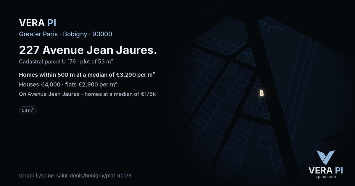 227 Avenue Jean Jaures, Bobigny at night – the plot lit, the parcels around coloured by the prices near them