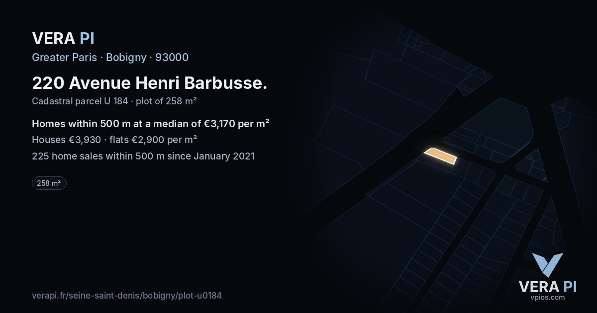 220 Avenue Henri Barbusse, Bobigny at night – the plot lit, the parcels around coloured by the prices near them