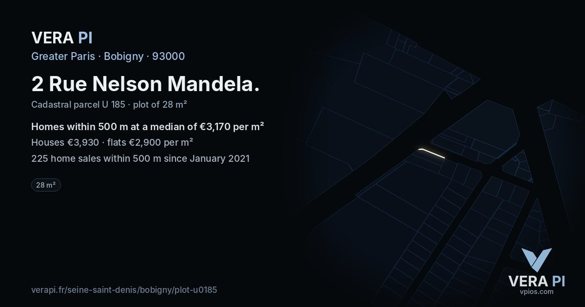 2 Rue Nelson Mandela, Bobigny at night – the plot lit, the parcels around coloured by the prices near them