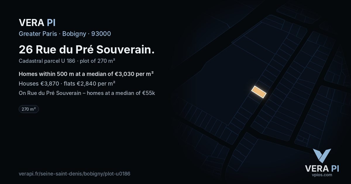 26 Rue du Pré Souverain, Bobigny at night – the plot lit, the parcels around coloured by the prices near them