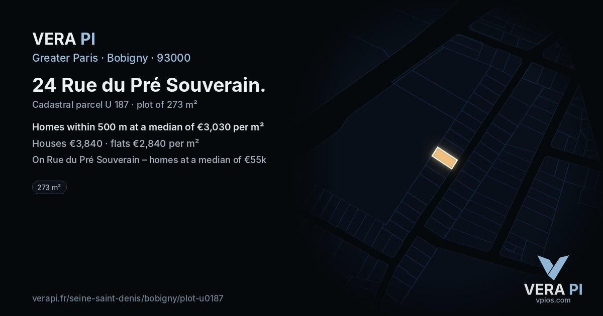 24 Rue du Pré Souverain, Bobigny at night – the plot lit, the parcels around coloured by the prices near them