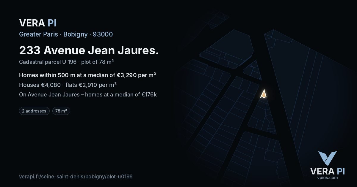 233 Avenue Jean Jaures, Bobigny at night – the plot lit, the parcels around coloured by the prices near them