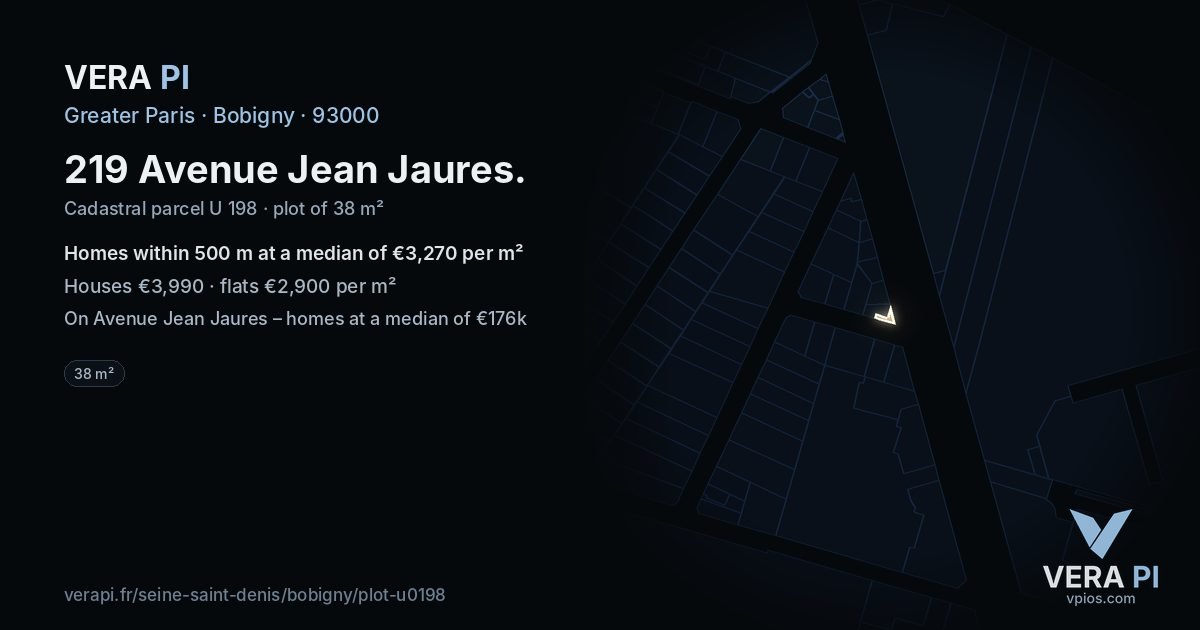 219 Avenue Jean Jaures, Bobigny at night – the plot lit, the parcels around coloured by the prices near them