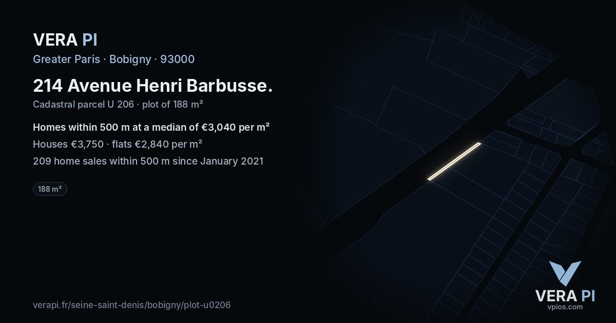 214 Avenue Henri Barbusse, Bobigny at night – the plot lit, the parcels around coloured by the prices near them