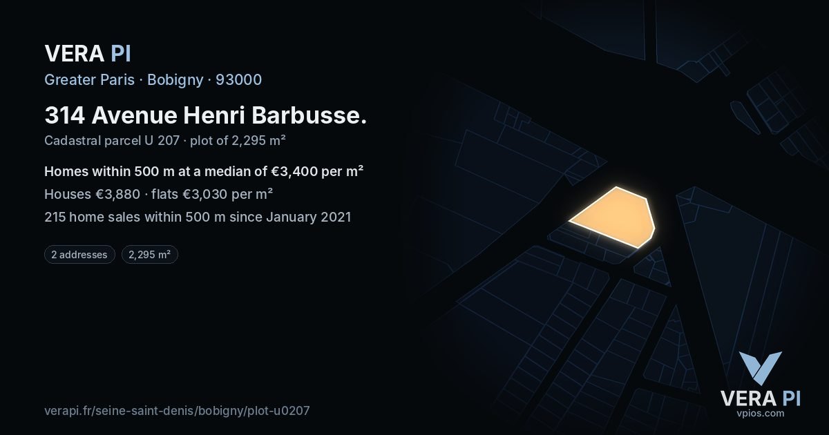 314 Avenue Henri Barbusse, Bobigny at night – the plot lit, the parcels around coloured by the prices near them