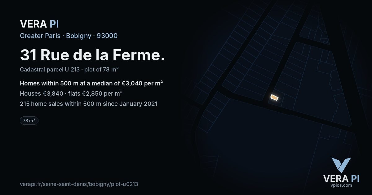 31 Rue de la Ferme, Bobigny at night – the plot lit, the parcels around coloured by the prices near them