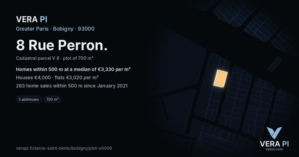 8 Rue Perron, Bobigny at night – the plot lit, the parcels around coloured by the prices near them
