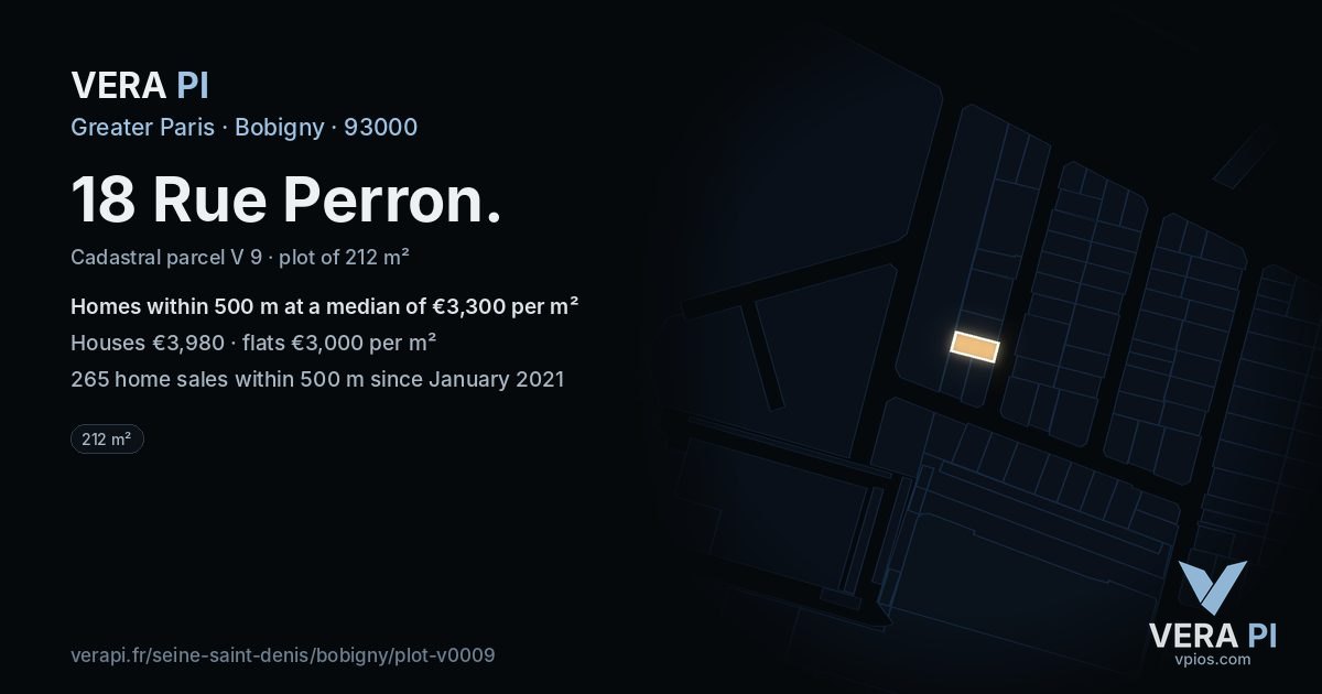 18 Rue Perron, Bobigny at night – the plot lit, the parcels around coloured by the prices near them