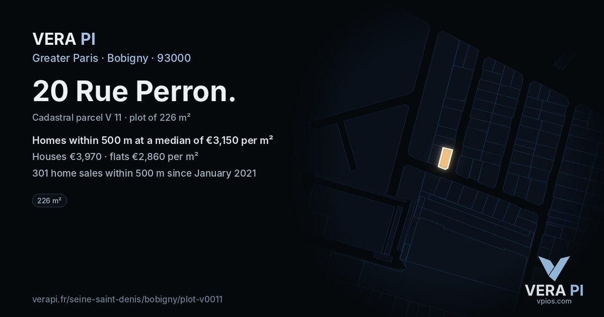 20 Rue Perron, Bobigny at night – the plot lit, the parcels around coloured by the prices near them