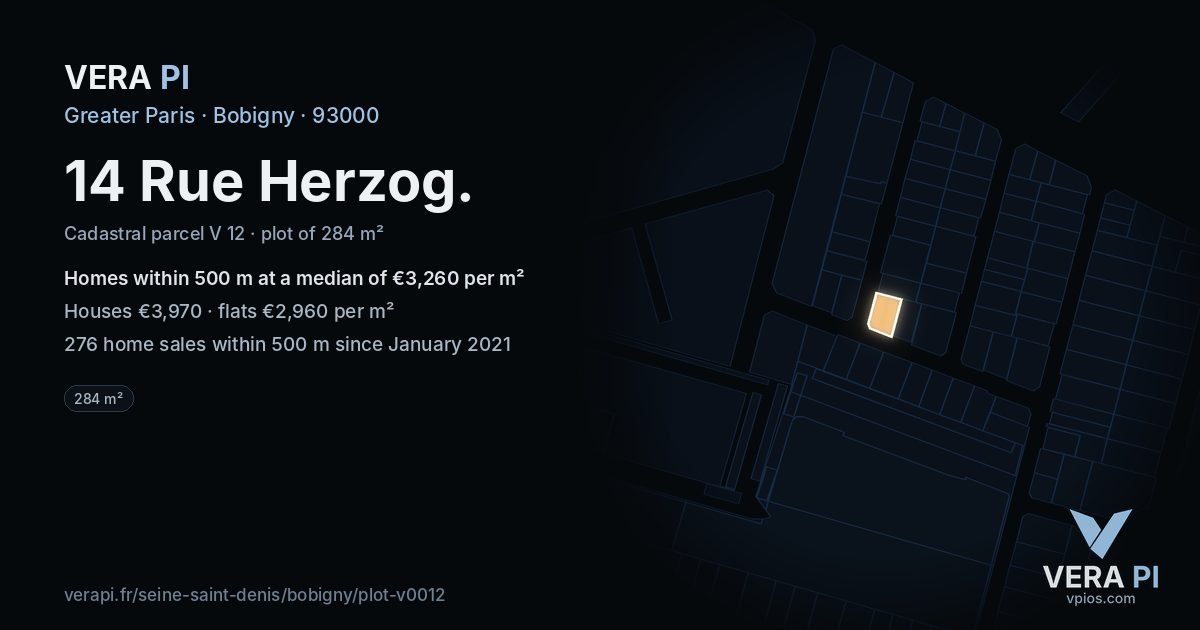 14 Rue Herzog, Bobigny at night – the plot lit, the parcels around coloured by the prices near them