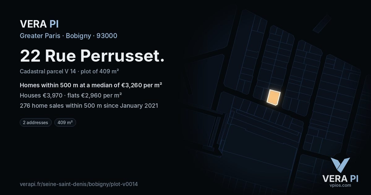 22 Rue Perrusset, Bobigny at night – the plot lit, the parcels around coloured by the prices near them