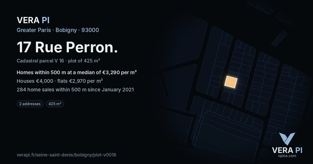 17 Rue Perron, Bobigny at night – the plot lit, the parcels around coloured by the prices near them