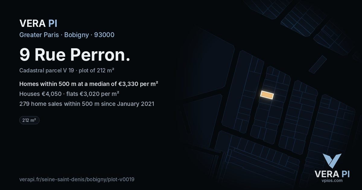 9 Rue Perron, Bobigny at night – the plot lit, the parcels around coloured by the prices near them